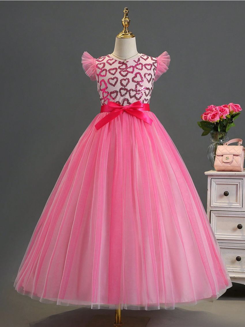 Tween Girls' Love Heart Sequin Patchwork Mesh Belt Formal Dress