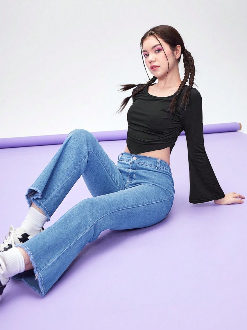 Teen Girls' Casual Comfortable Basic Flared Sleeved Top And Hem Flared Jeans