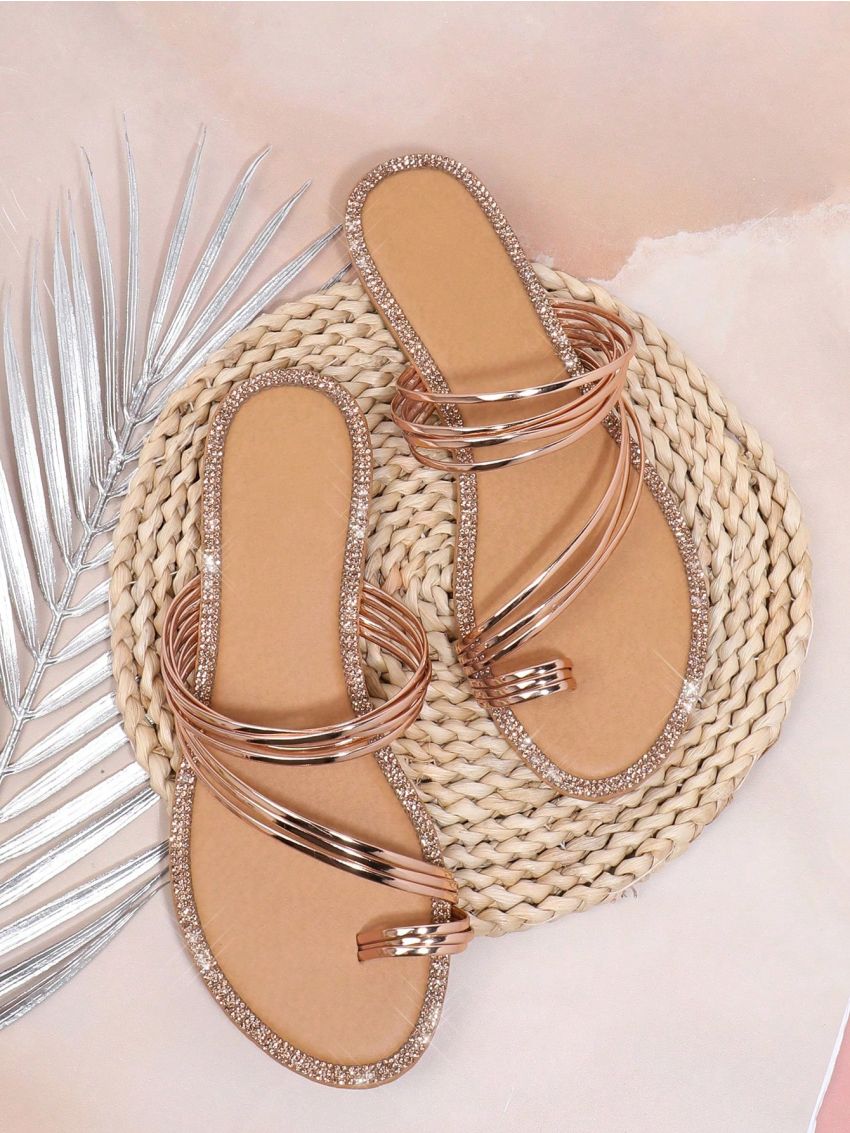 Women'S Flat Sandals With Rhinestone Décor