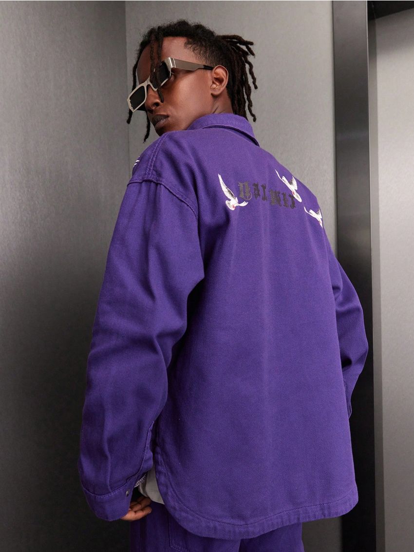 Men's Pigeon & Letter Printed Denim Shirt