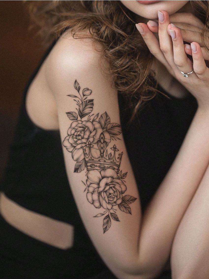 1pc Black Flower & Floral Pattern Temporary Body Tattoo Sticker For Arm, Chest, Abdomen, Back