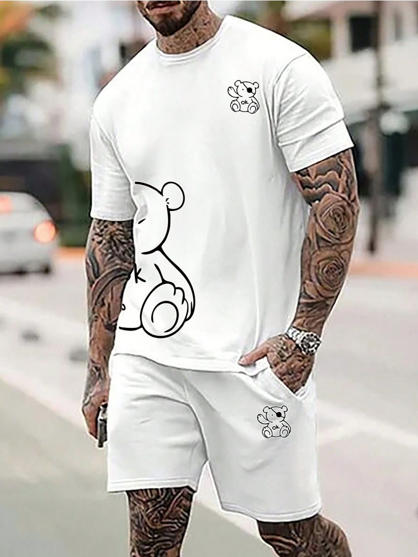 Manfinity Men'S Bear Print Short Sleeve Shirt And Shorts Set