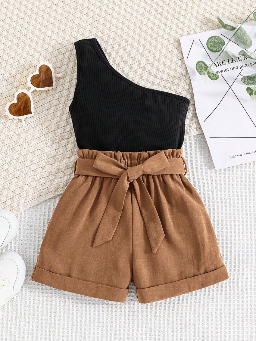 SHEIN Kids EVRYDAY Toddler Girls Two Tone One Shoulder Roll Up Hem Belted Romper