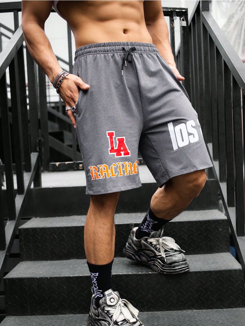 Street Sport Men's Drawstring Waist Letter Print Athletic Shorts