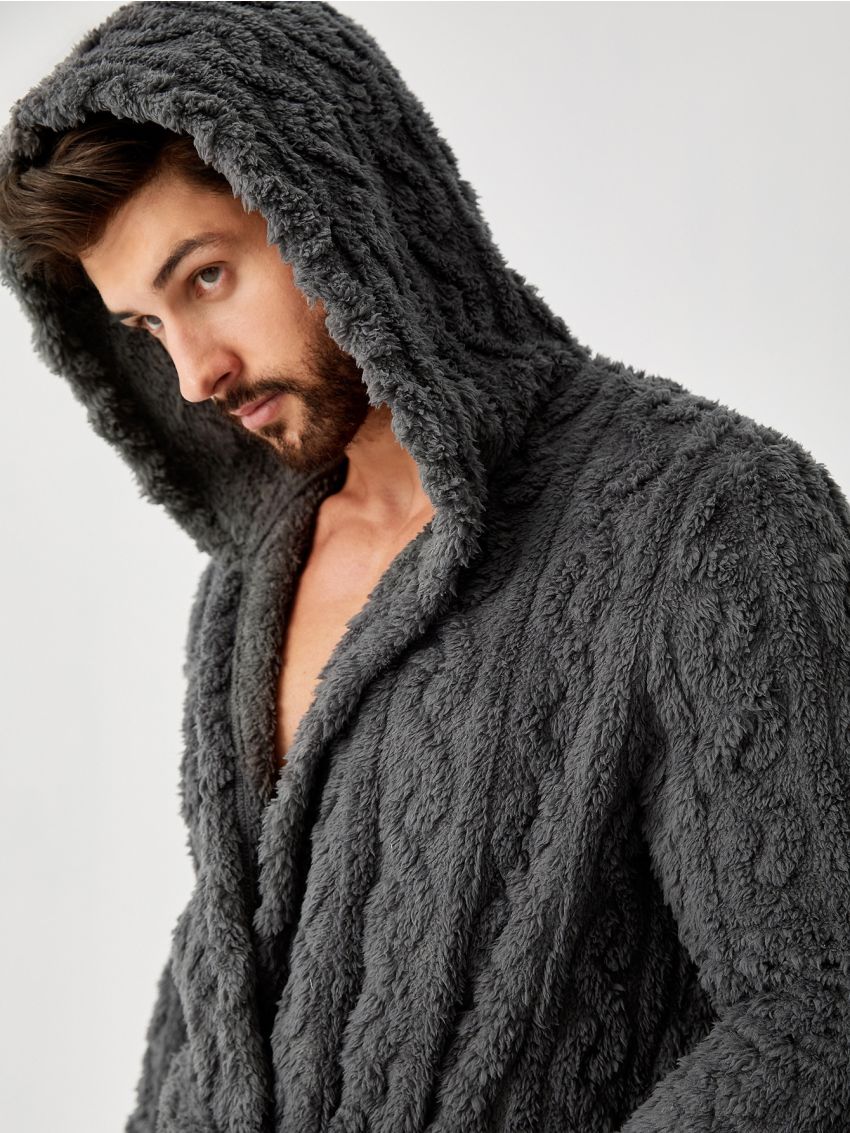Men Pocket Patched Hooded Belted Lounge Robe
