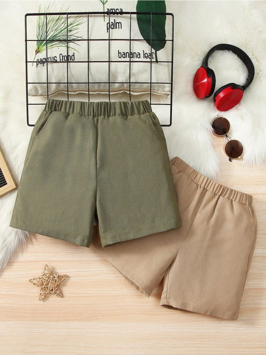 SHEIN Kids SUNSHNE 2pcs/set Toddler Boys' Casual Comfortable Solid Color Weave Bermuda Shorts, Versatile