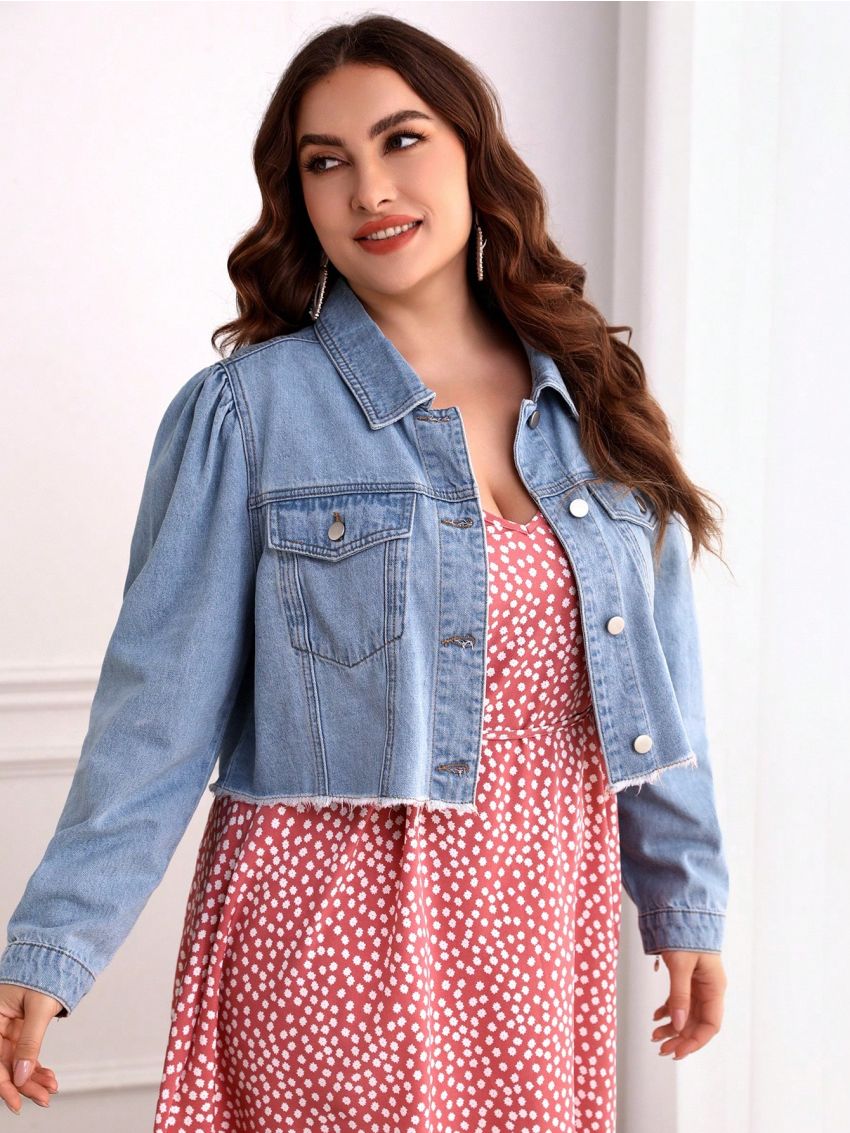 Plus Flap Pocket Raw Hem Denim Jacket