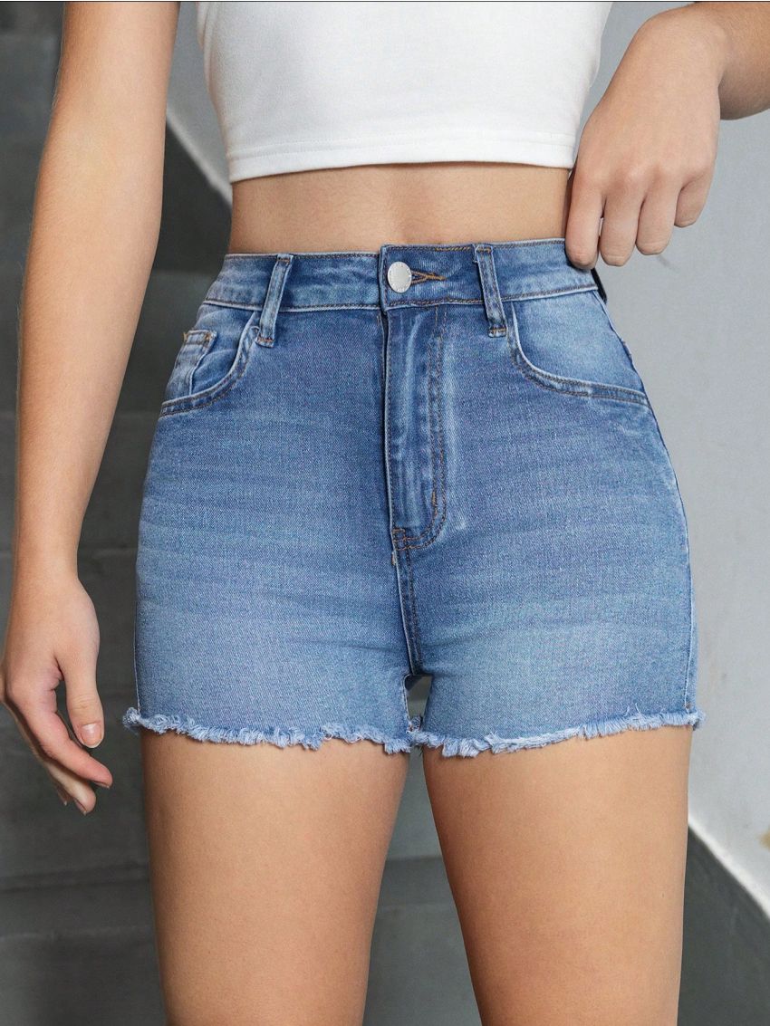 SHEIN Teen Girl High Waisted Slim Fit Elastic Washed Denim Shorts For Casual Wear