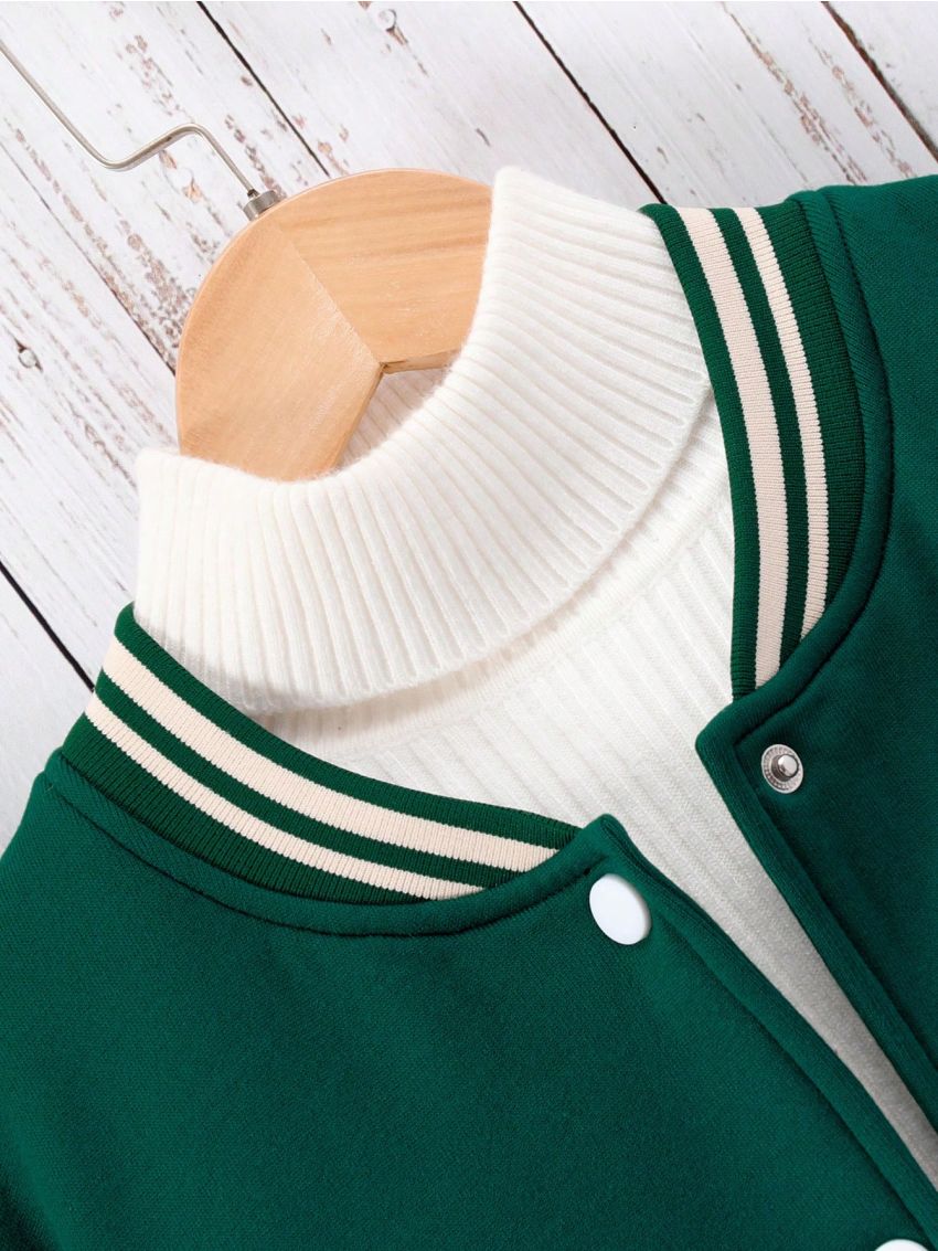 Teen Girls' Casual Letter Embroidery Patchwork Fleece Baseball Jacket For Autumn, Winter