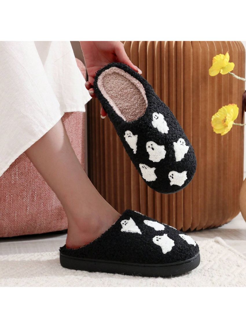 Unisex Thick Plush Halloween Little Ghost Warm Home Slippers