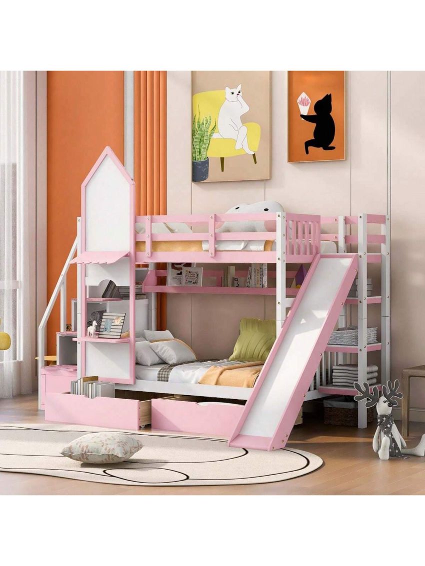 Merax Twin-Over-Twin Castle Style Bunk Bed with 2 Drawers 3 Shelves and Slide