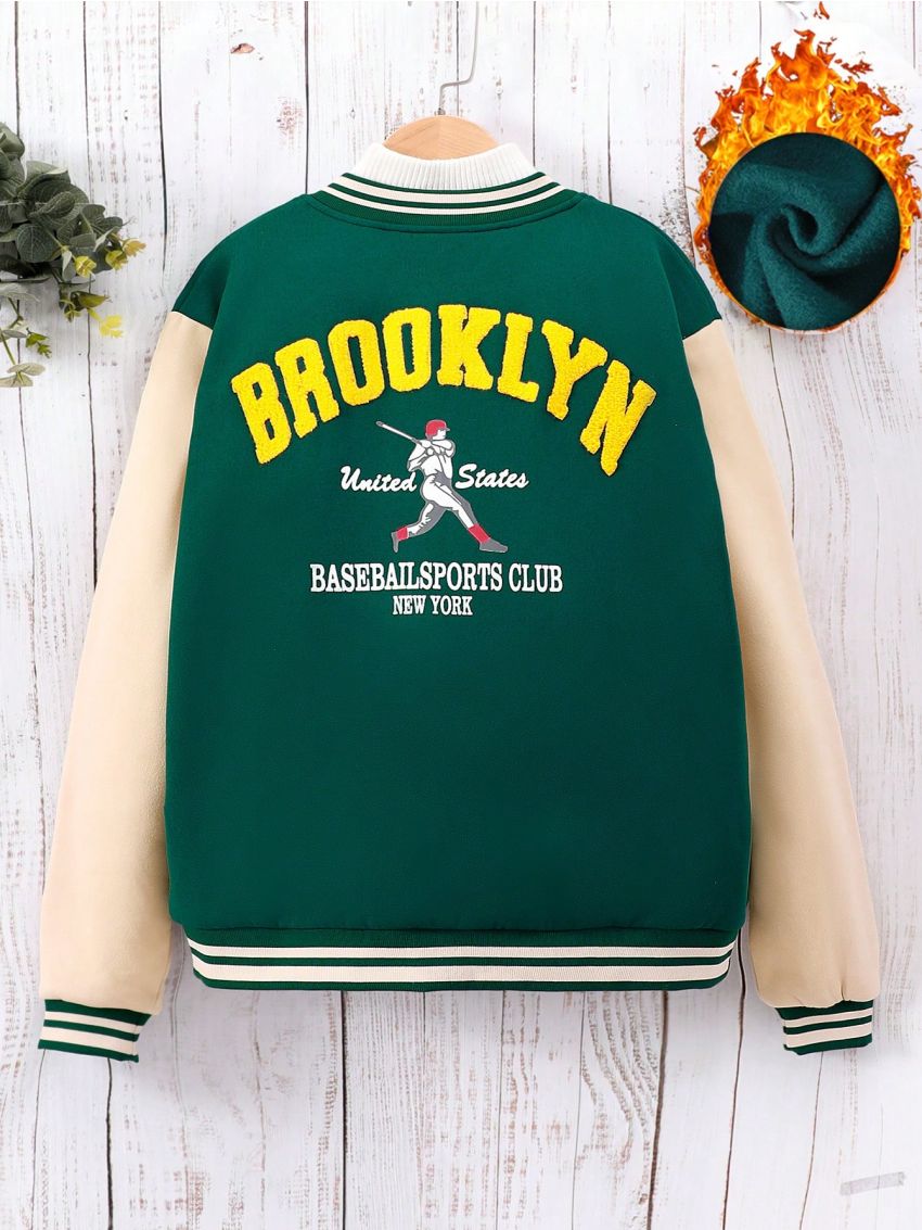 Teen Girls' Casual Letter Embroidery Patchwork Fleece Baseball Jacket For Autumn, Winter