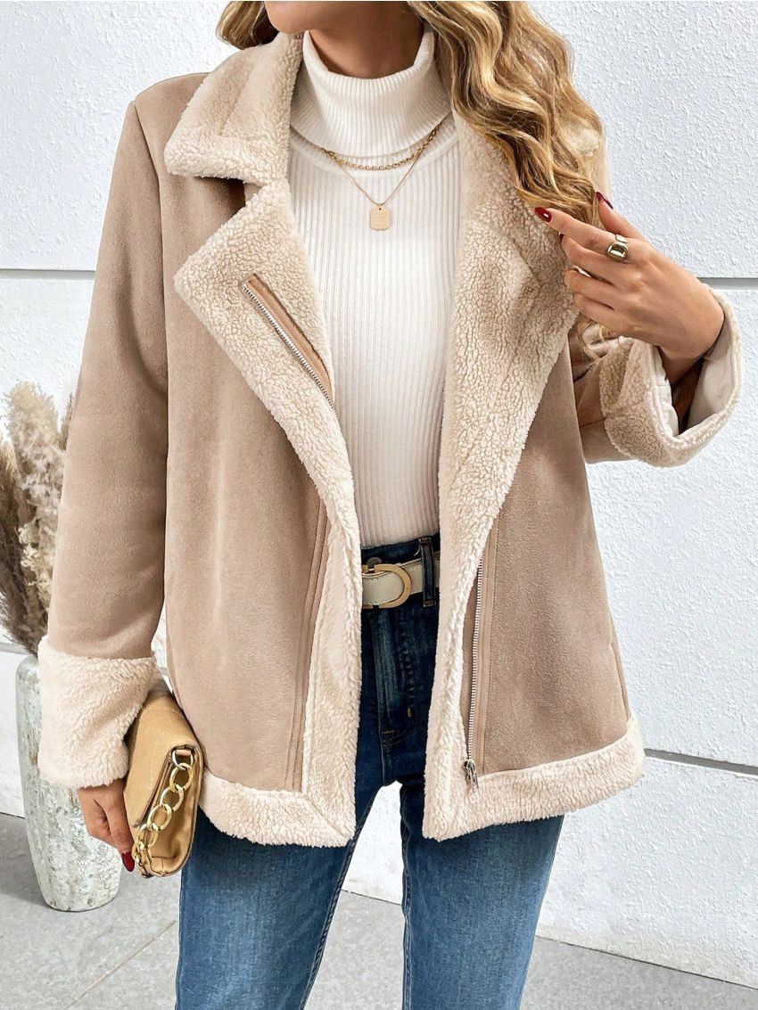 SHEIN Frenchy Women's Fleece Lined Motorcycle Jacket With Fur Collar