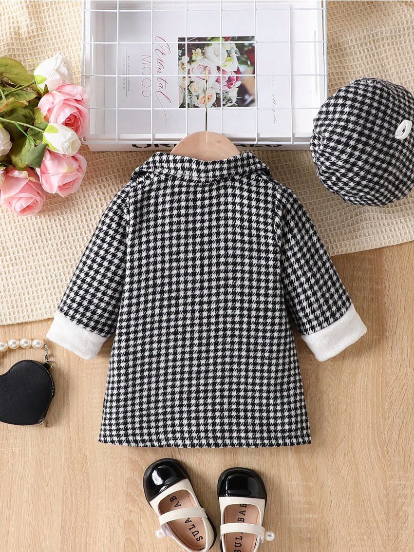 Infant Girls' Simple And Elegant Long Sleeve Warm Houndstooth Woolen Coat