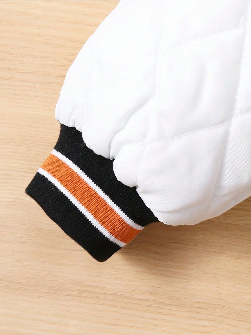 SHEIN Kids KDOMO Boys' Comfortable Casual Hooded Jacket With Letter Patchwork, Quilted, Diamond Grid, And Thicken Design