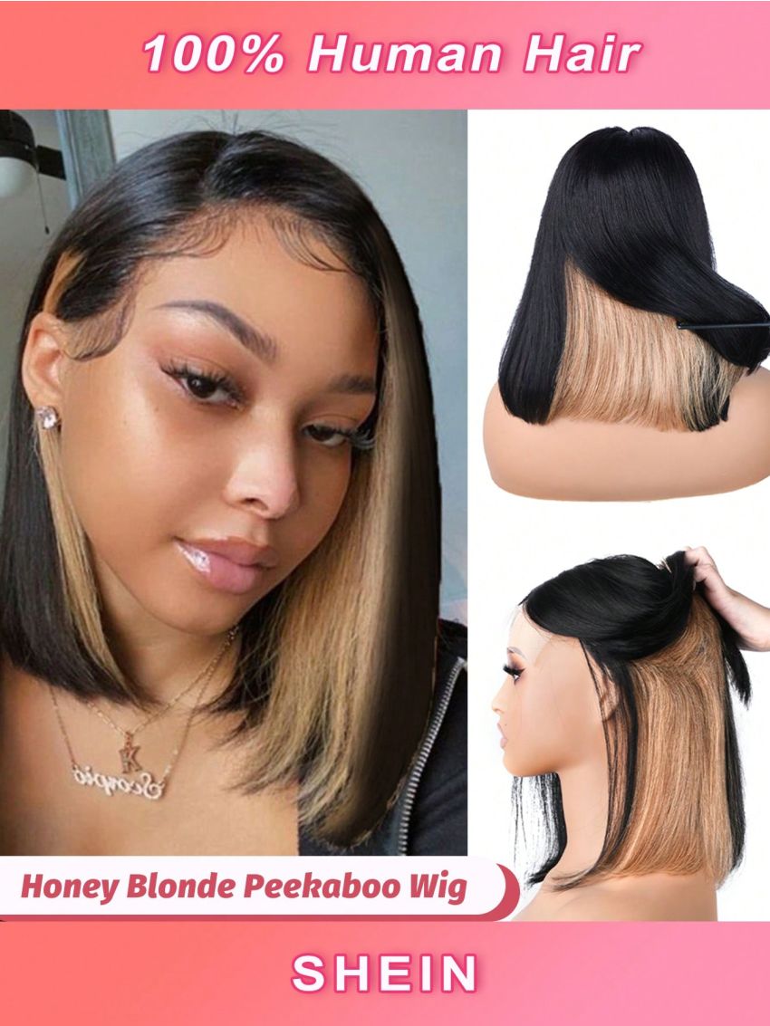 Peekaboo Bob Wig Short Straight Bob Wigs For Women Colorful Highlight Bob 4x4 Lace Closure Wig 10-14inch Bob Human Hair Wig