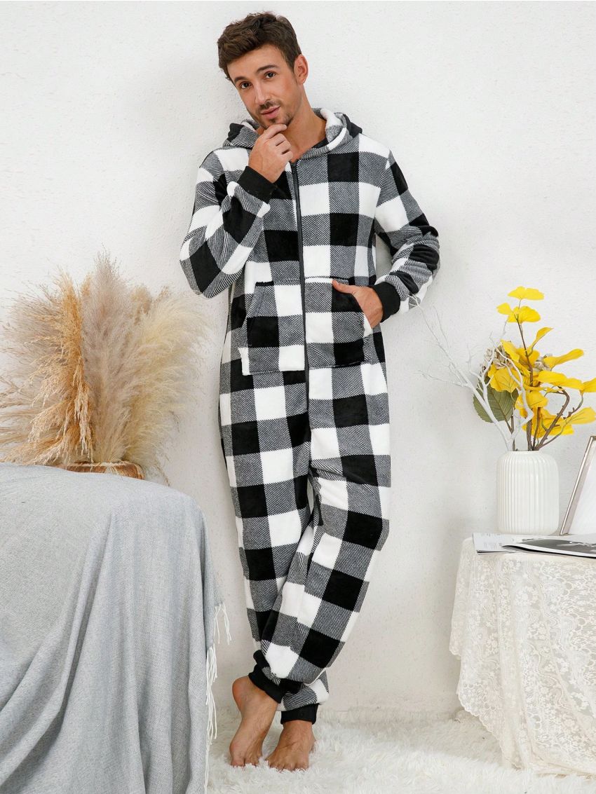 Men Buffalo Plaid Print Hooded Flannel Sleep Onesie