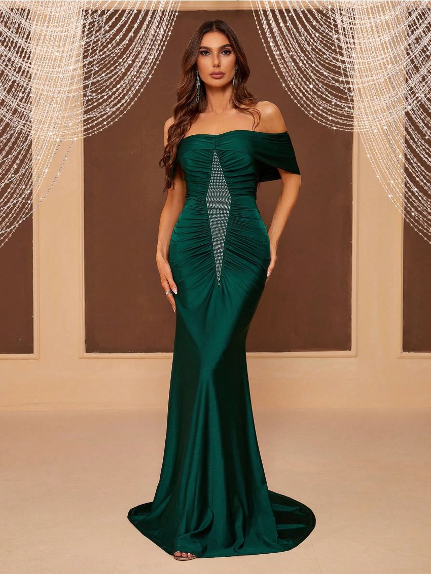 SHEIN Belle Off Shoulder Rhinestone Detail Formal Dress