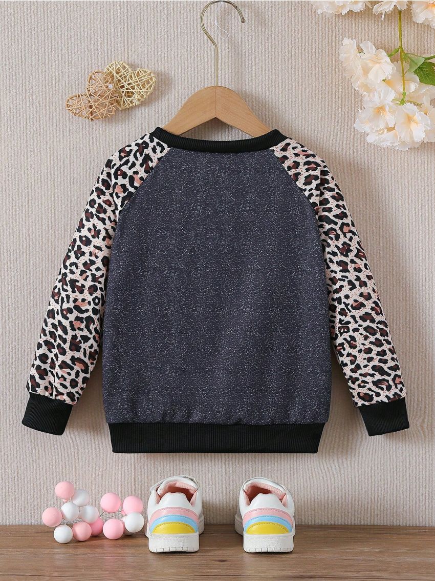 Little Girls' Letter Print Leopard Spliced Raglan Sleeve Round Neck Sweatshirt