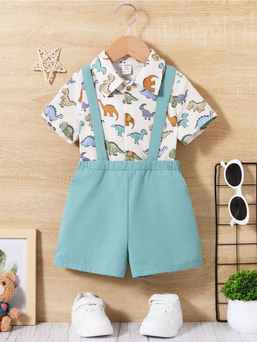 SHEIN Unisex Infants' Gentleman Style Cute Dinosaur Printed Short Sleeve Shirt And Overalls Shorts Set