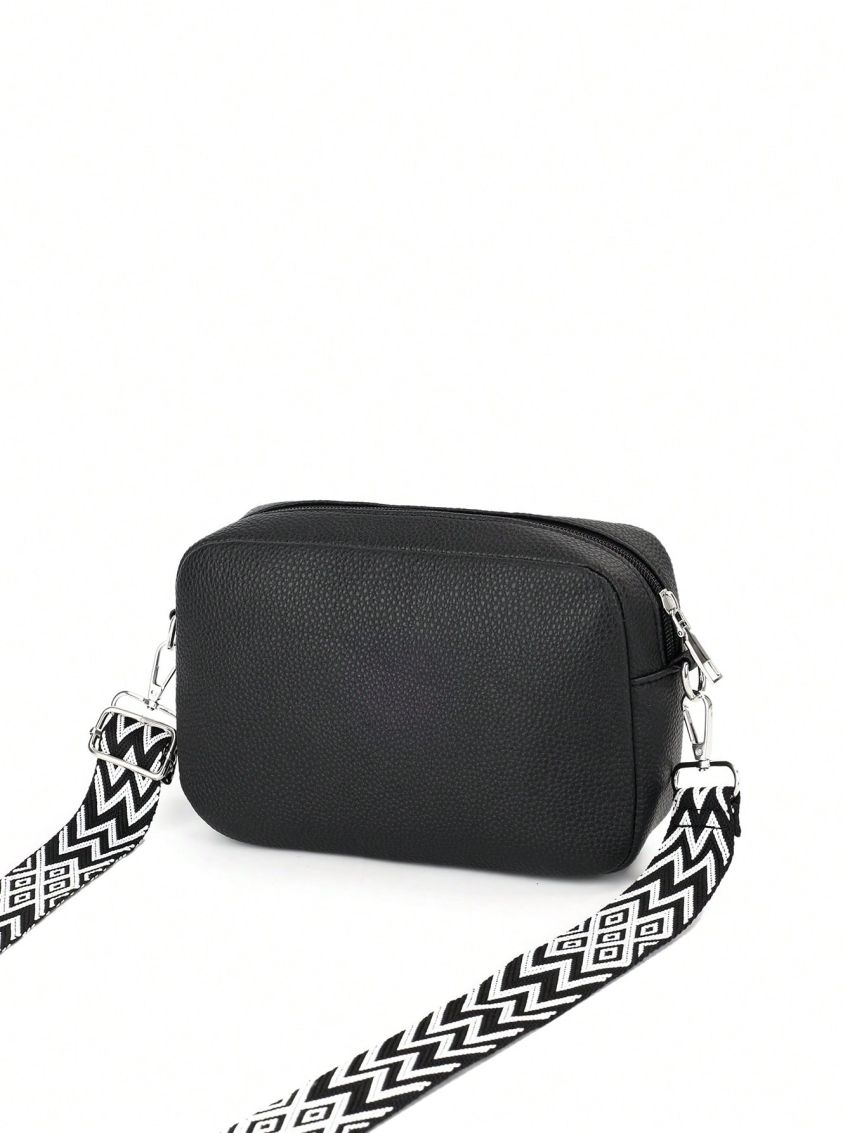 Adjustable Wide Strap Shoulder Bag With Double Pockets, Simple Style