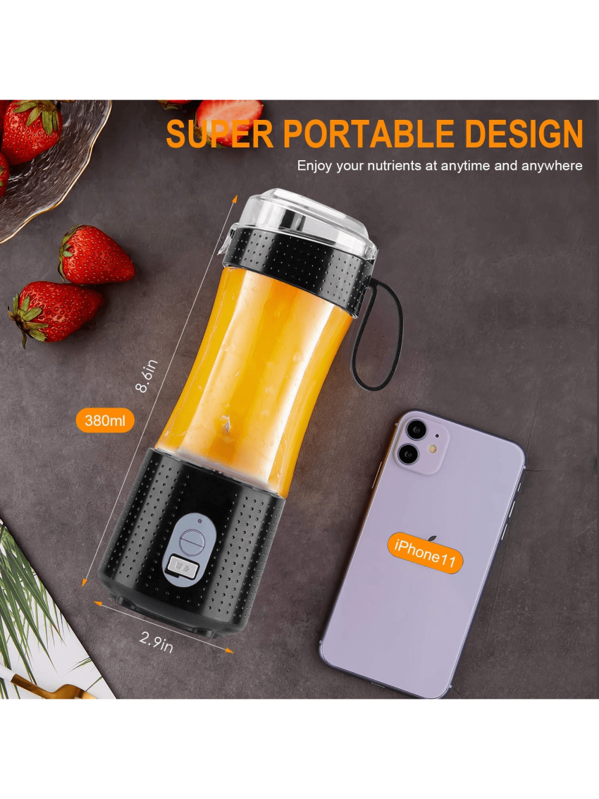 Portable Blender 380ml/13Oz for Shakes and Smoothies,Type-C USB Rechargeable Personal Blender with 6 3D Blades for Strong Blending Power,  with Cleaning Brush/Straws for Travel, Office and Sports(BLACK)