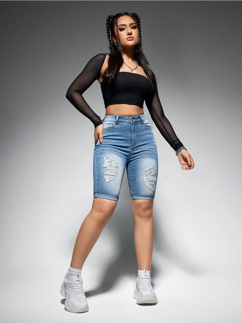 Distressed Washed Denim Shorts