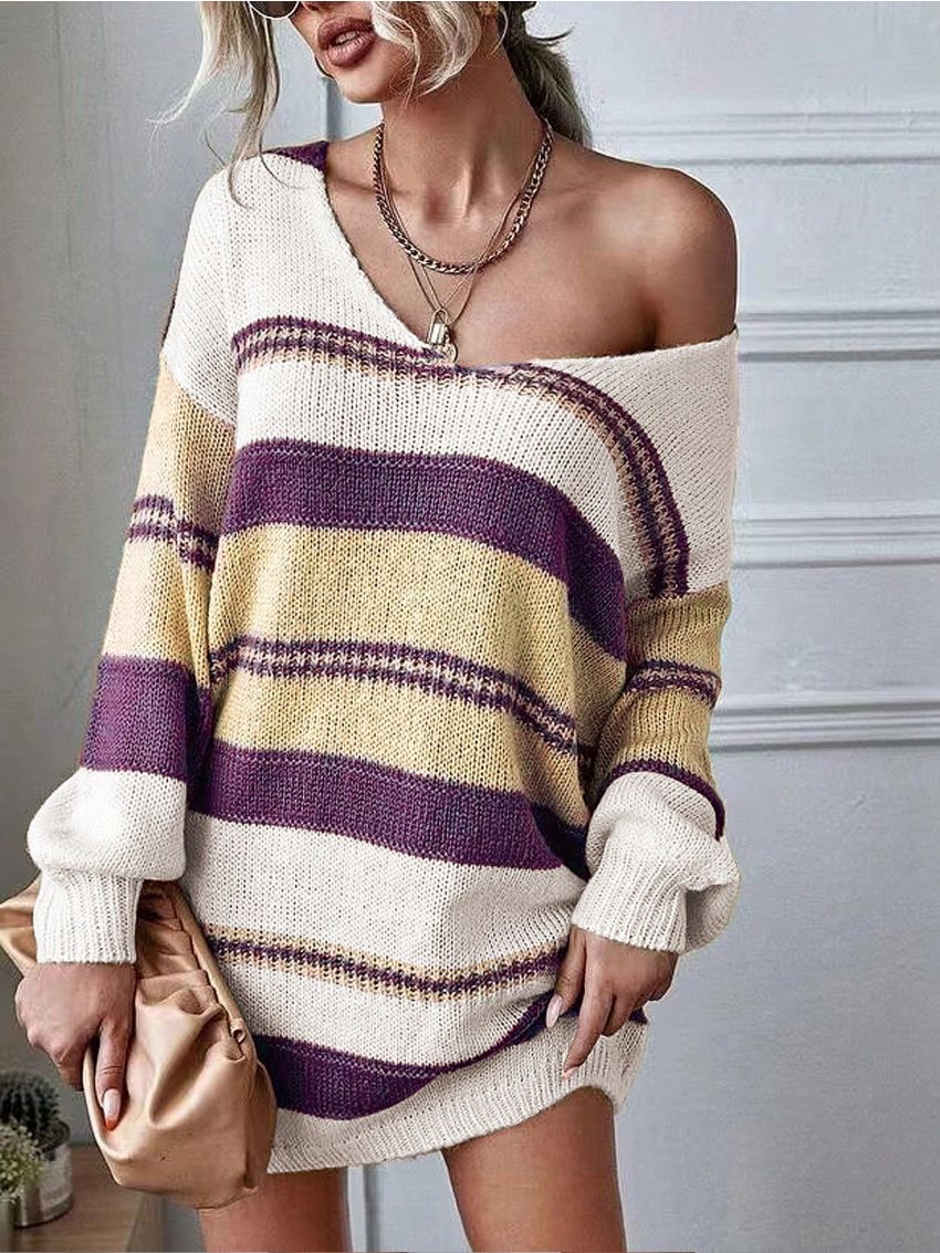 SHEIN Essnce Plus Size Women's Slouchy Striped Pullover Sweater With Long Sleeves