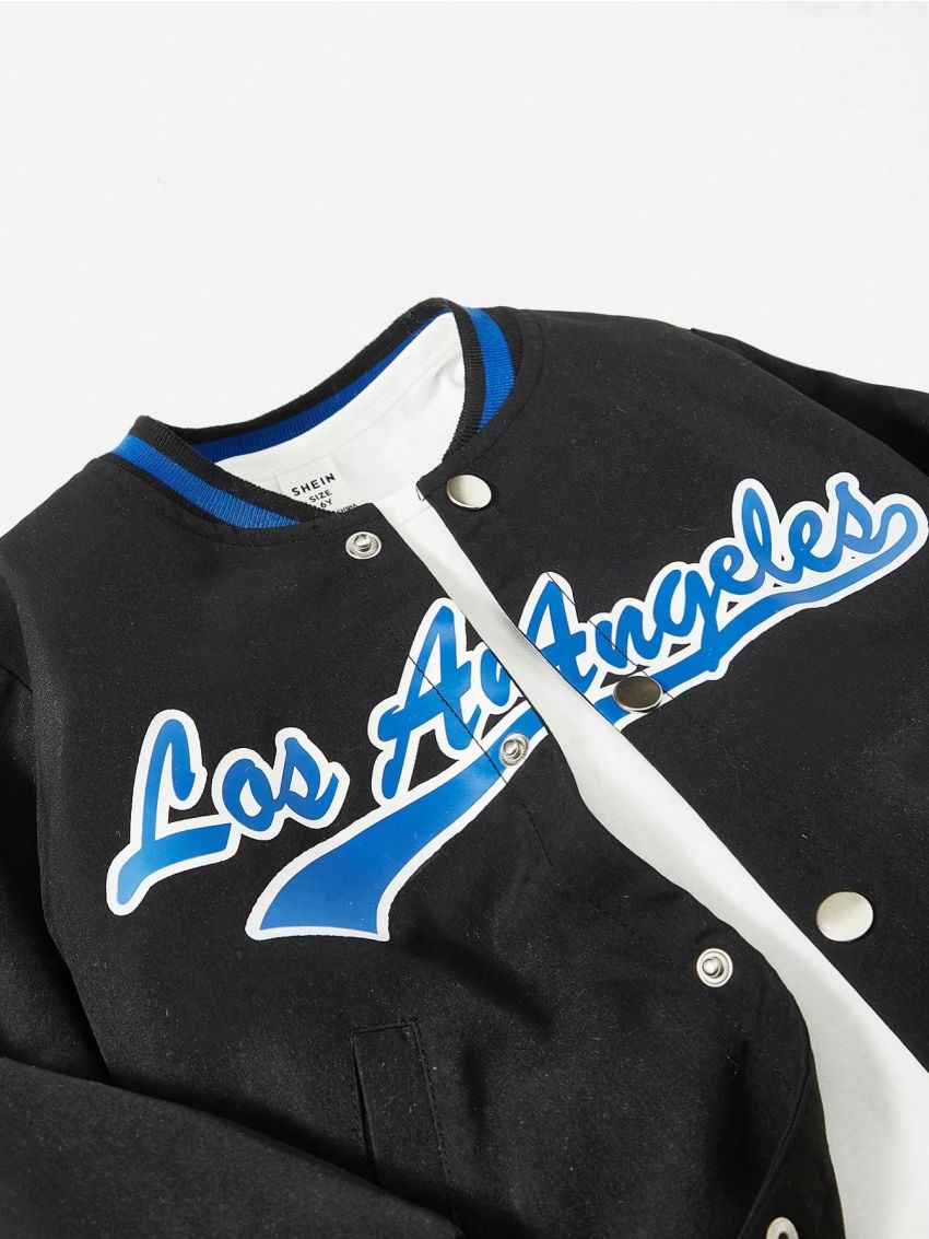 SHEIN Boys' Comfortable Loose Fit Baseball Collar Jacket With Letter Print