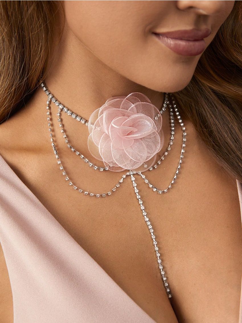 SHEIN Belle 1pc Flower & Rhinestone Decorated Personalized Fashionable Necklace