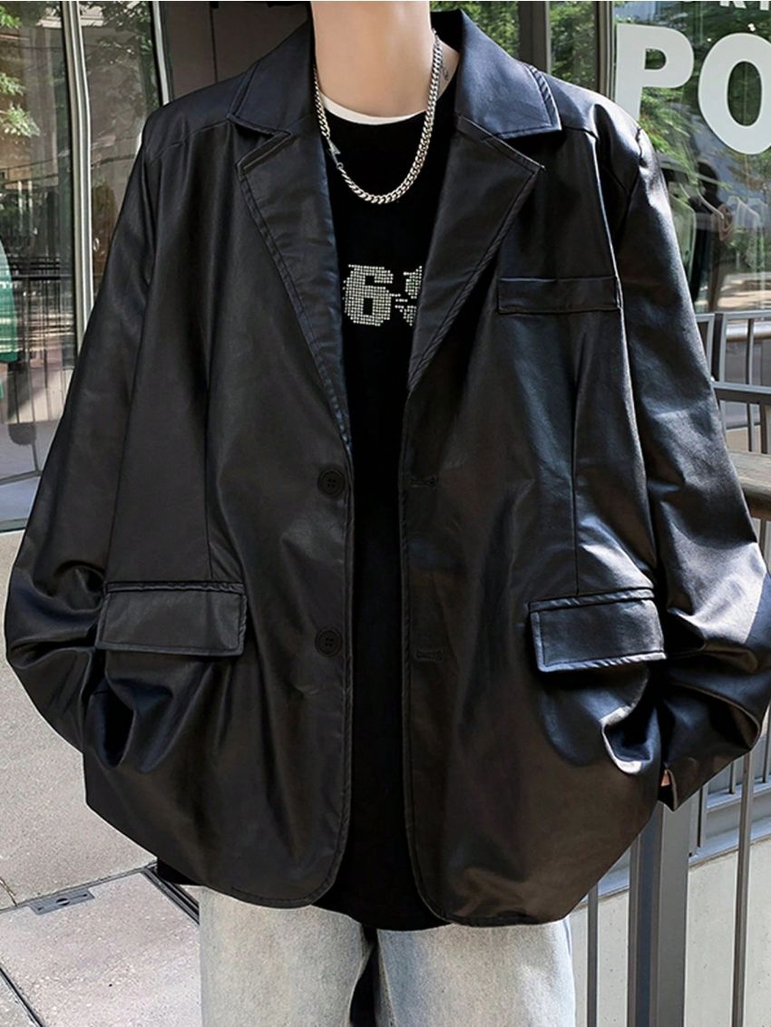 Manfinity Hypemode Men's Suit Collar Front Button Pu Leather Jacket