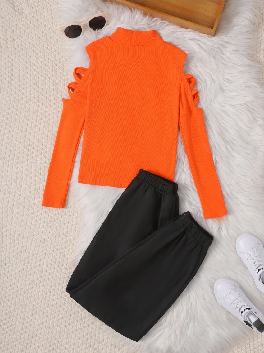 SHEIN Kids Cooltwn Tween Girl Cold Shoulder Tee & Letter Graphic Pants