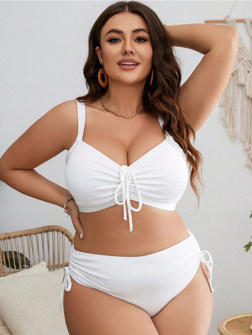 SHEIN Swim Curve Plus Drawstring Front Tie Side Bikini Swimsuit,Summer Beach