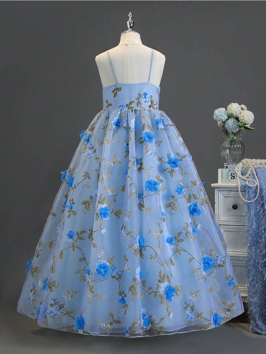 Tween Girls' Dress With Strap, 3d Flower Embellished Tulle Skirt, Ideal For Performance, Wedding, Party, Birthday