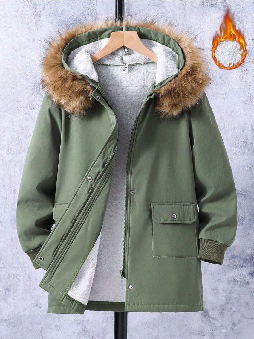 SHEIN Boys' Inner Plush Lined Parka Jacket With Flip Pocket, Warm Winter Coat