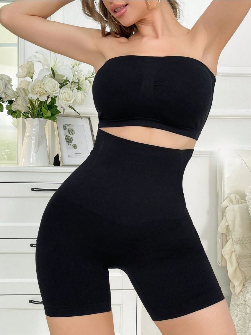 Solid Tube Top & High Waist Shorts Shapewear Set