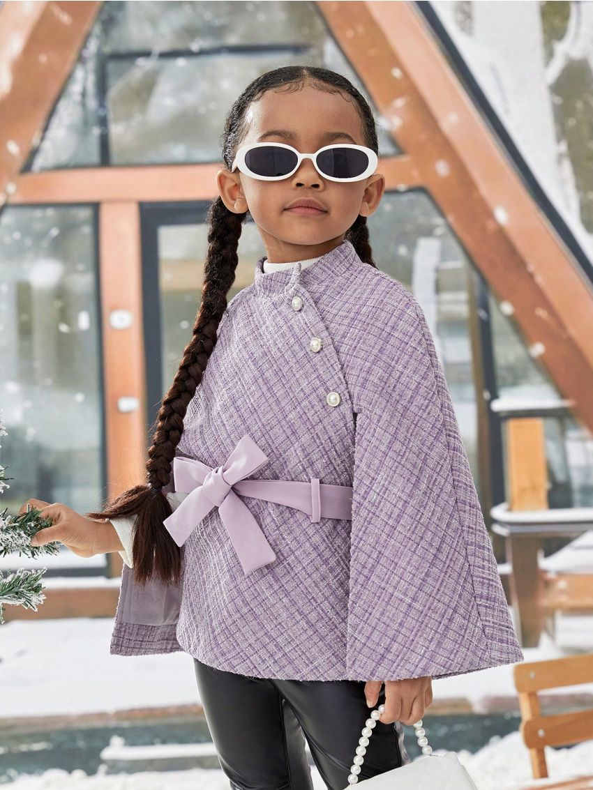 SHEIN Kids Cooltwn Young Girl Plaid Cloak Sleeve Belted Overcoat