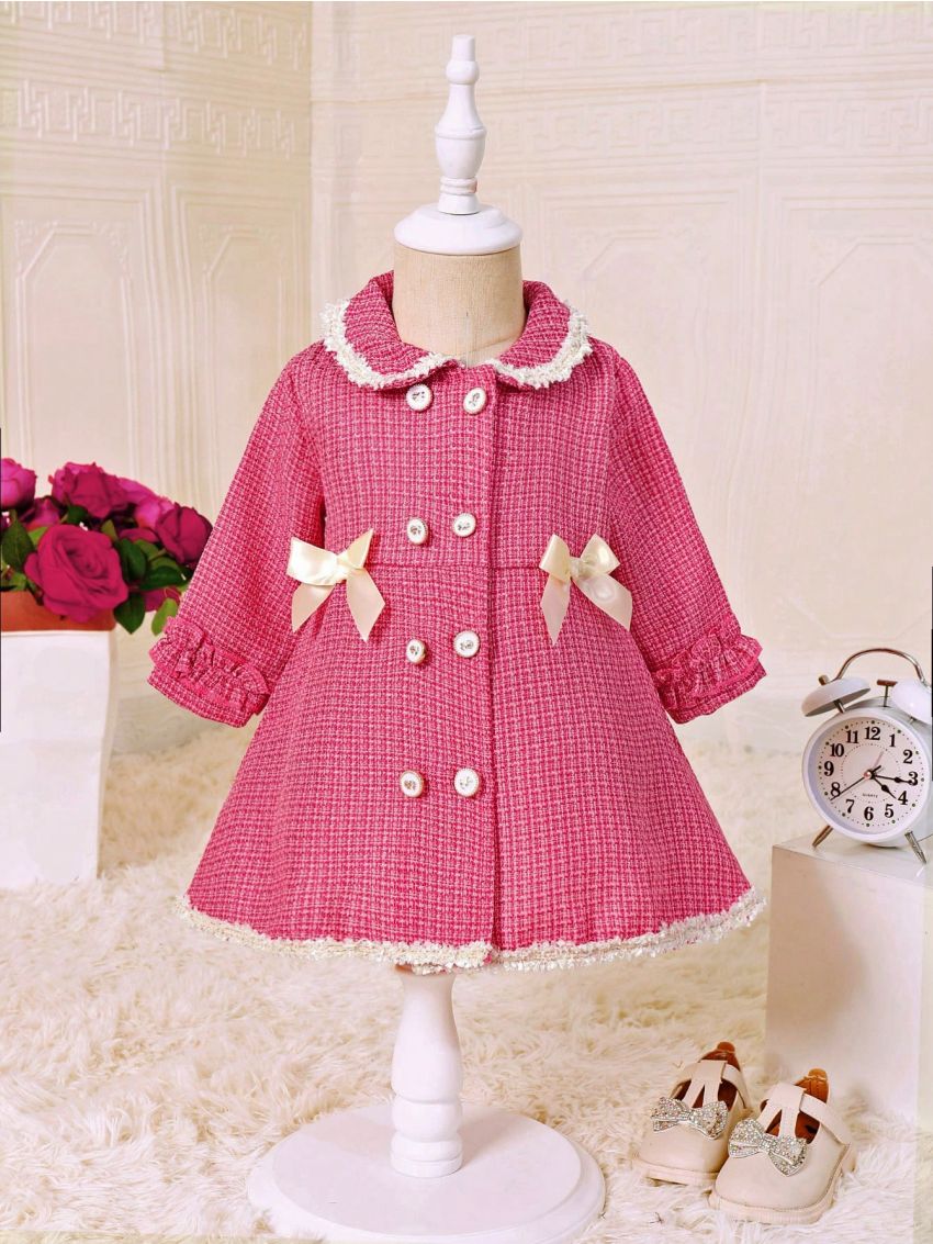 Baby Girls' Fashionable Elegant Bowknot Button Woolen Coat For Autumn And Winter