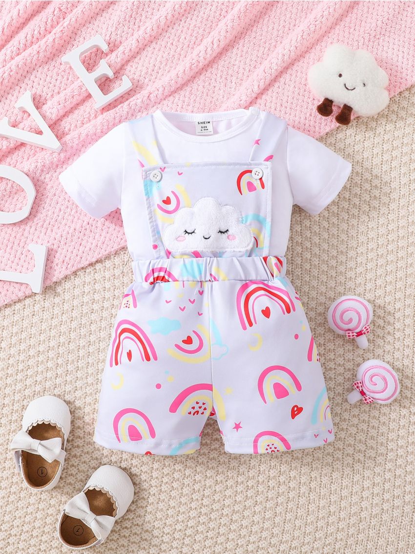Baby Solid Tee & Rainbow Print Overall Romper