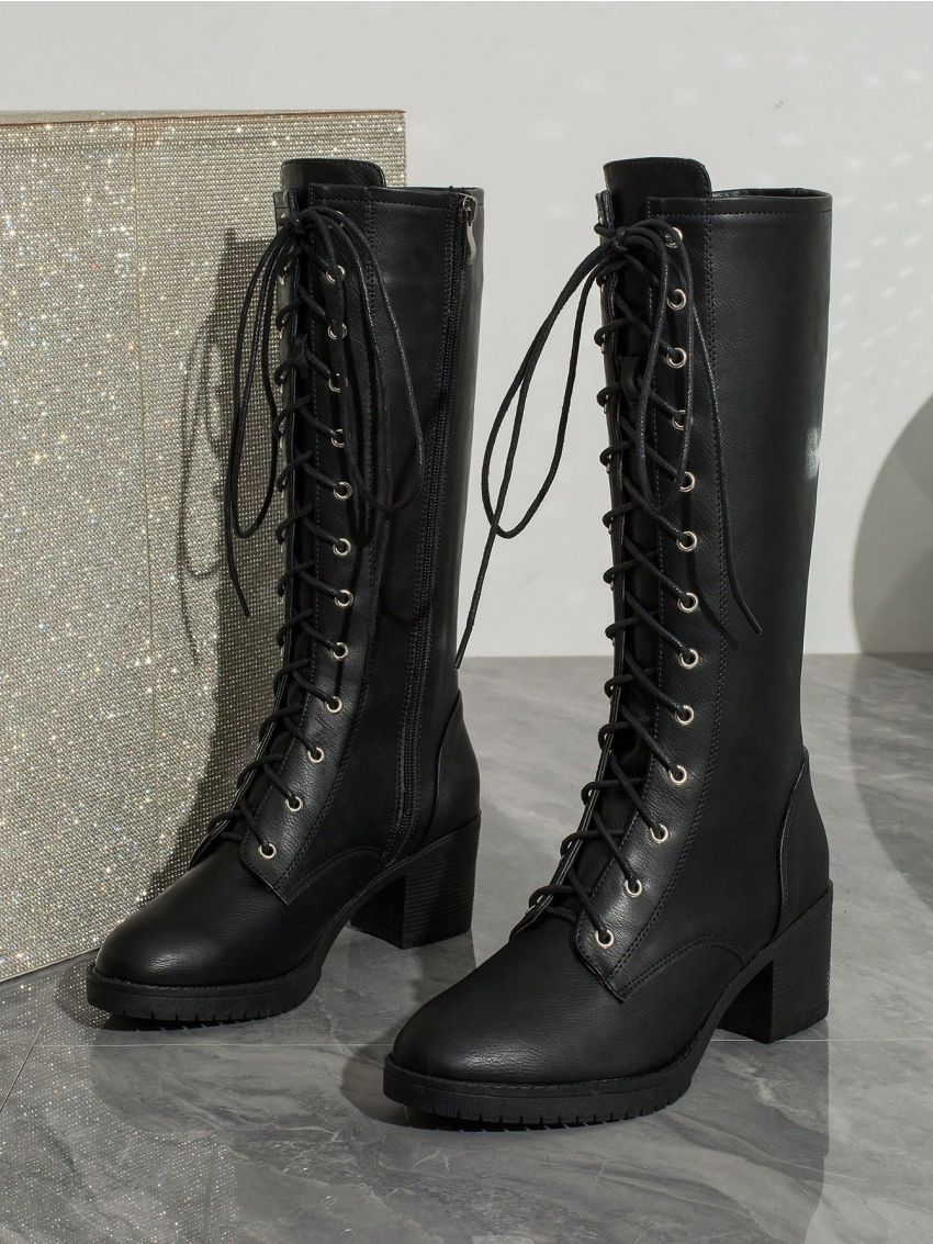 Women's Fashionable Vintage Style High-top Knight Boots With Chunky Heels, Thick Soles, Side Zipper And Buckles