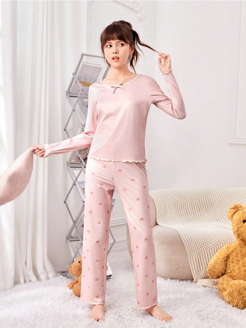 SHEIN Teen Girl Heart Print Lettuce Trim PJ Set