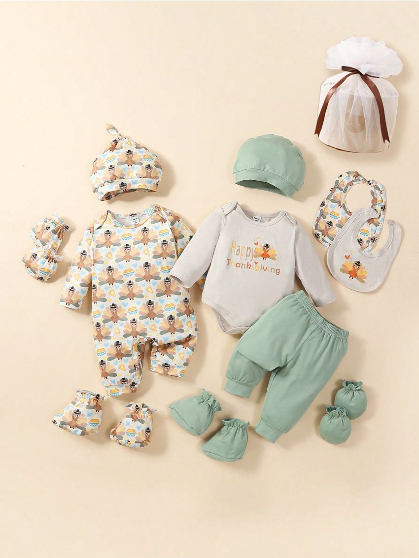 SHEIN Baby Boy 1pc Slogan Cartoon Graphic Bodysuit & 1pc Jumpsuit & 1pc Pants & 2pcs Hat & 2pcs Bib & 2pairs Gloves & 1pc Gift Bag