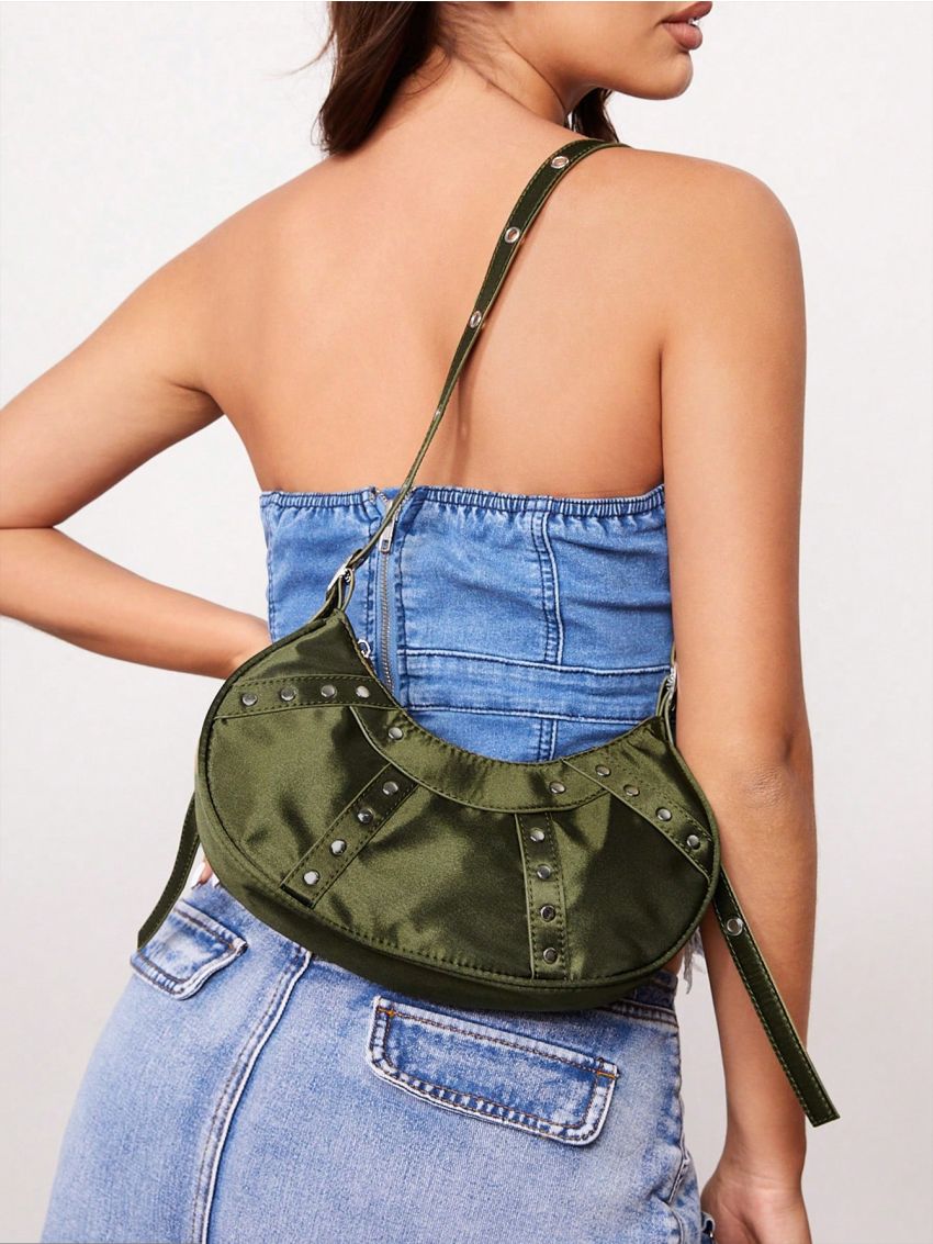 SHEIN SXY 1pc Rivet Decorated Punk Style Ladies Zipper Hobo Bag