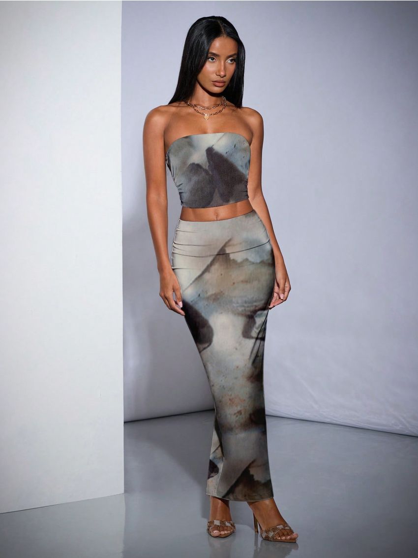 SHEIN BAE Women's Marble Tie Dye Print Bandeau Top & Wrinkle Asymmetric Skirt Set For Summer