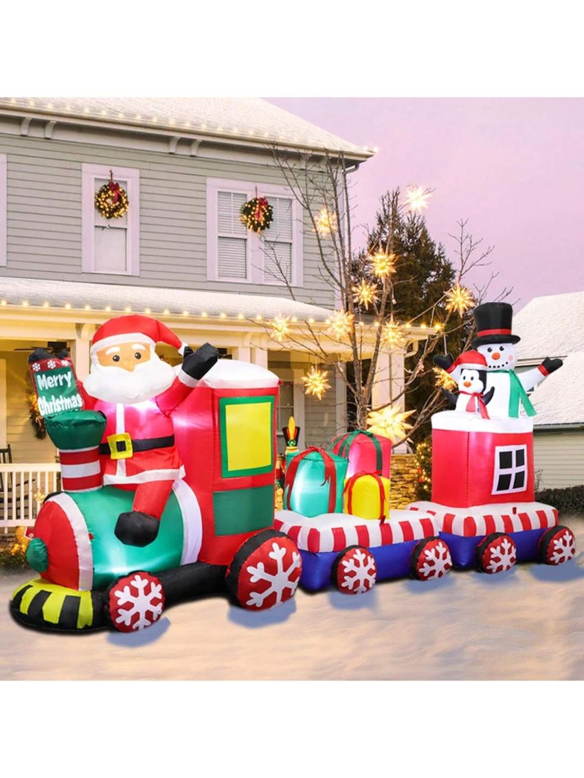 8 FT Christmas Inflatable Train with Santa Claus, Snowman, Penguin, Gift Boxes, Blow Up Yard Decorations with Built-in Lights, Lovely Xmas Train Carriage for Holiday Display Lawn Garden Party Decor