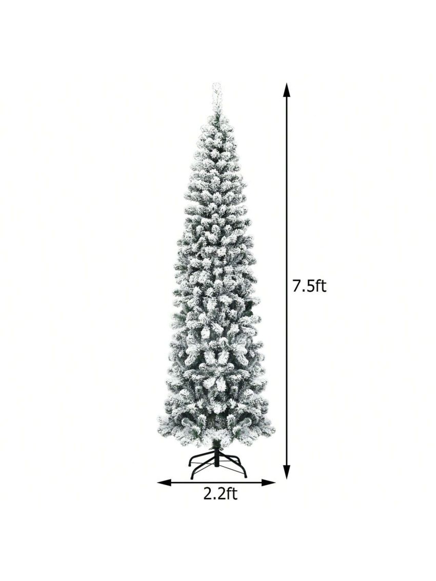 Gymax 7.5ft Pre-lit Pencil Snow Flocked Pencil Christmas Tree Holiday Decoration