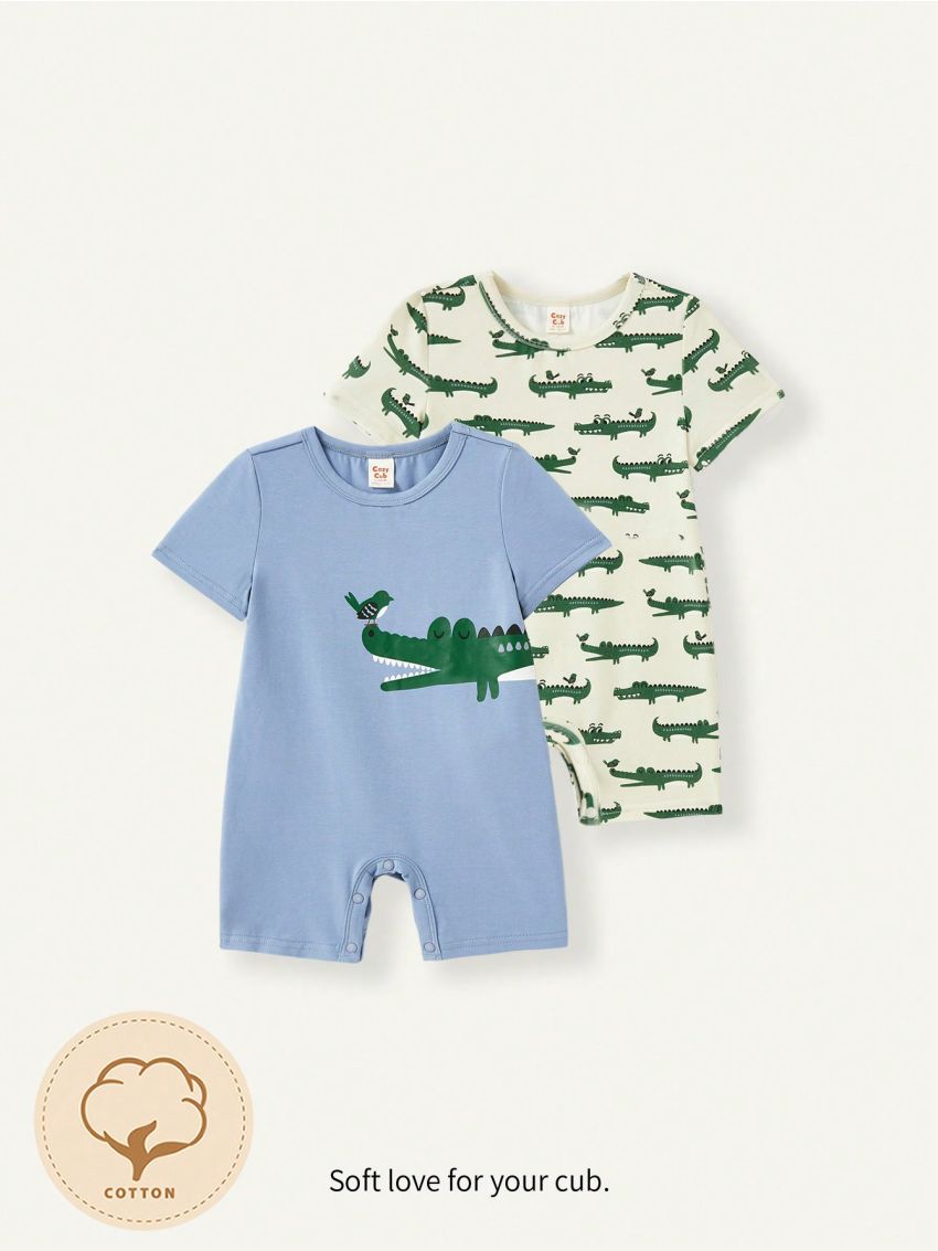 Cozy Cub Baby Boy Cartoon Crocodile Pattern Short Sleeve Romper With Shorts 2pcs/Set