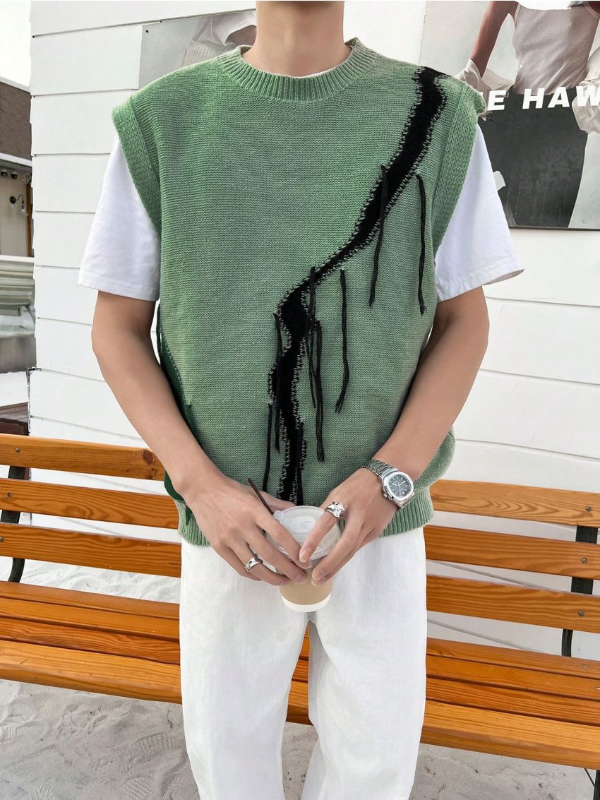 Manfinity Men's Loose Fit Round Neck Sweater Vest With Fringed Patchwork
