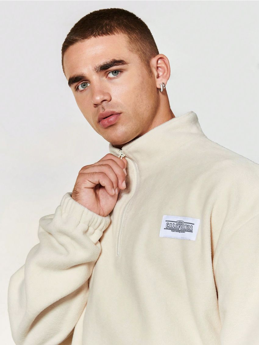 SHEIN Manfinity EMRG Men Letter Patched Detail Drop Shoulder Quarter Zip Fleece Sweatshirt