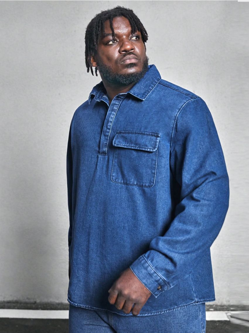 Manfinity Homme Men's Plus Size Half-Open Collar Loose Denim Shirt